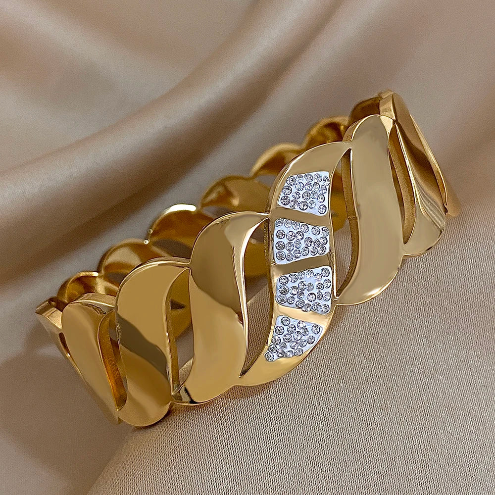 Chunky Inlaid Rhinestone Geometric Wave Wide Cuff Bangle Bracelet for Women Fashion Stainless Steel Gold Silver Color Bracelets