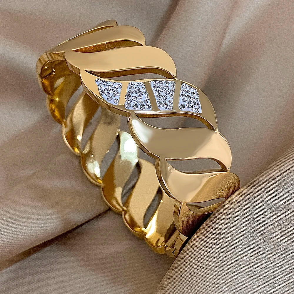 Chunky Inlaid Rhinestone Geometric Wave Wide Cuff Bangle Bracelet for Women Fashion Stainless Steel Gold Silver Color Bracelets