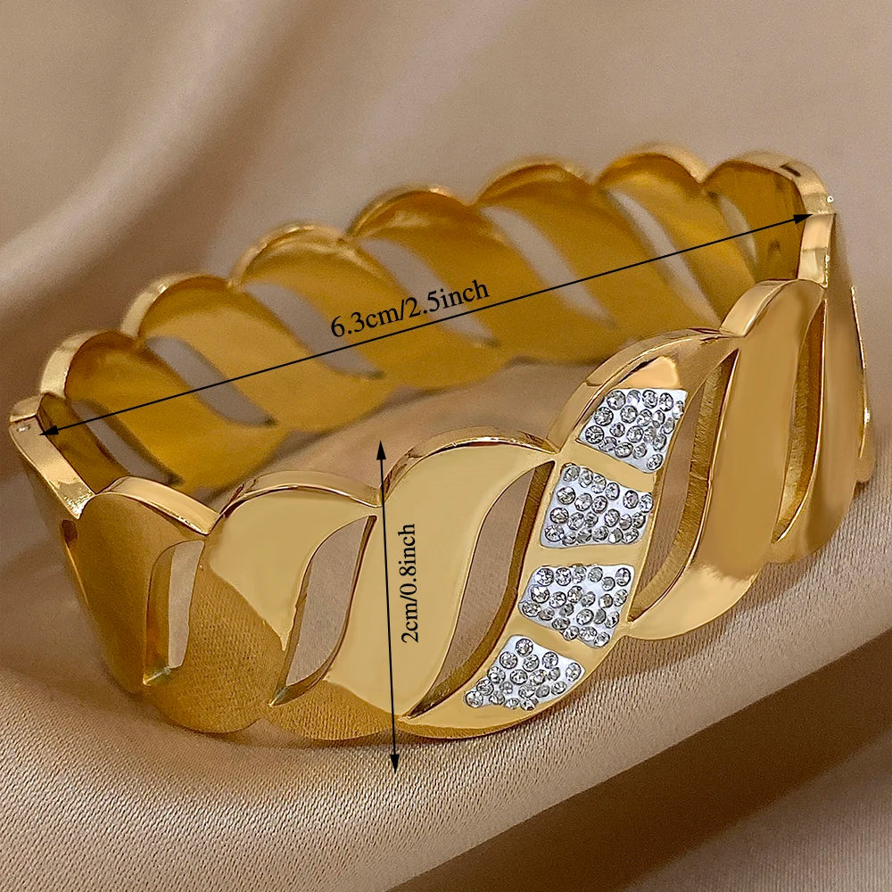 Chunky Inlaid Rhinestone Geometric Wave Wide Cuff Bangle Bracelet for Women Fashion Stainless Steel Gold Silver Color Bracelets