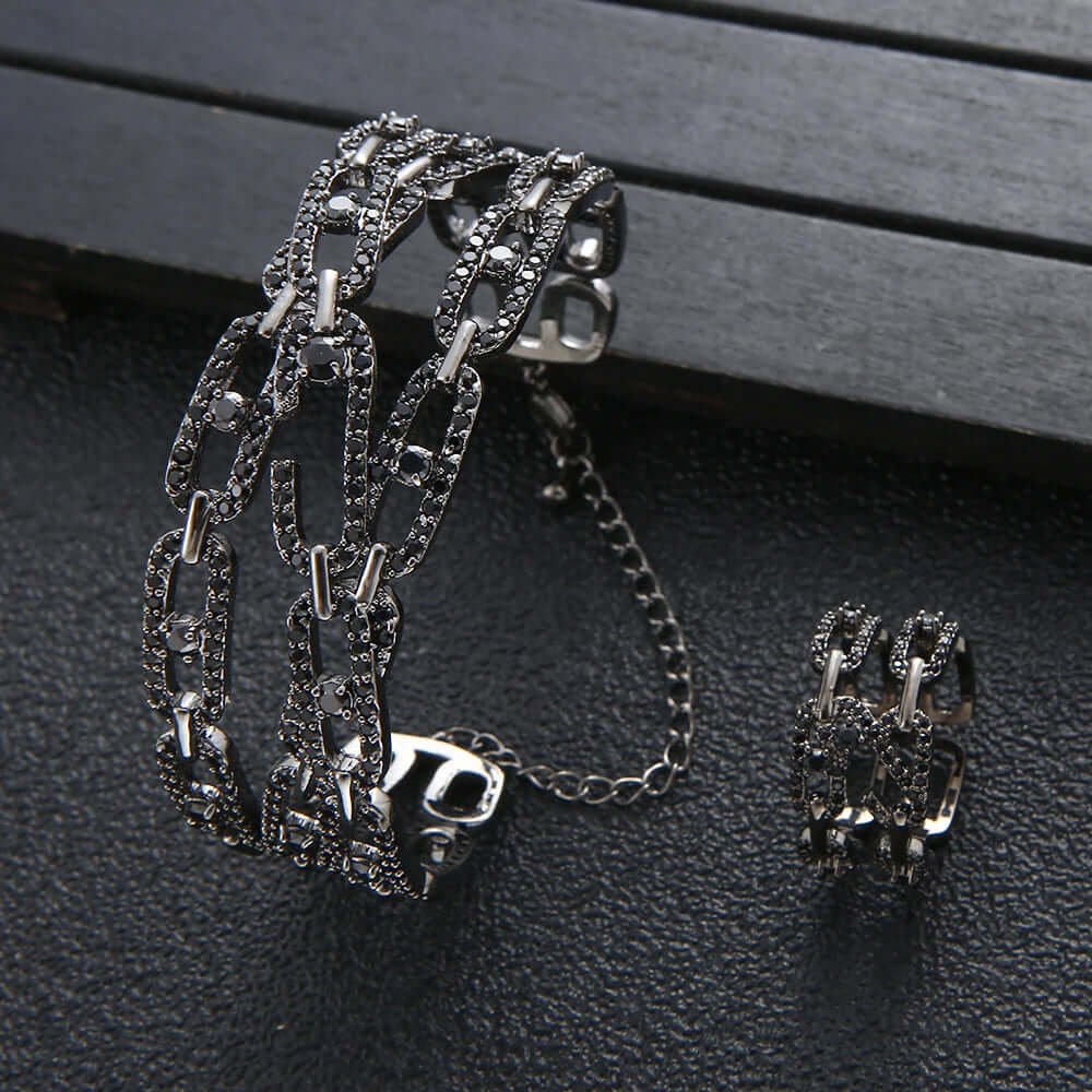 Luxury 2PCS Dubai Bangle Ring Set Fashion Jewelry For Women Wedding Engagement brincos para as mulheres s0805