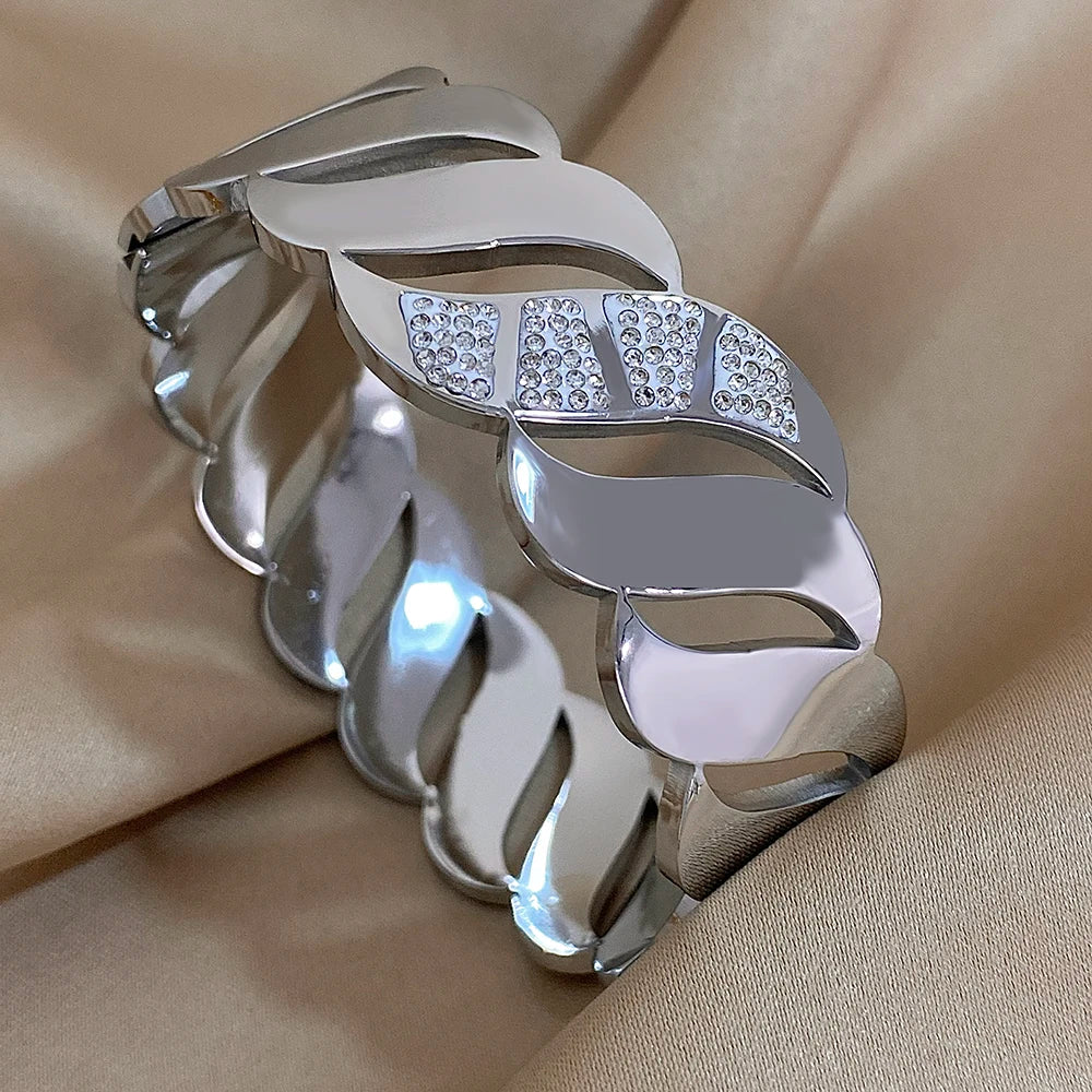 Chunky Inlaid Rhinestone Geometric Wave Wide Cuff Bangle Bracelet for Women Fashion Stainless Steel Gold Silver Color Bracelets