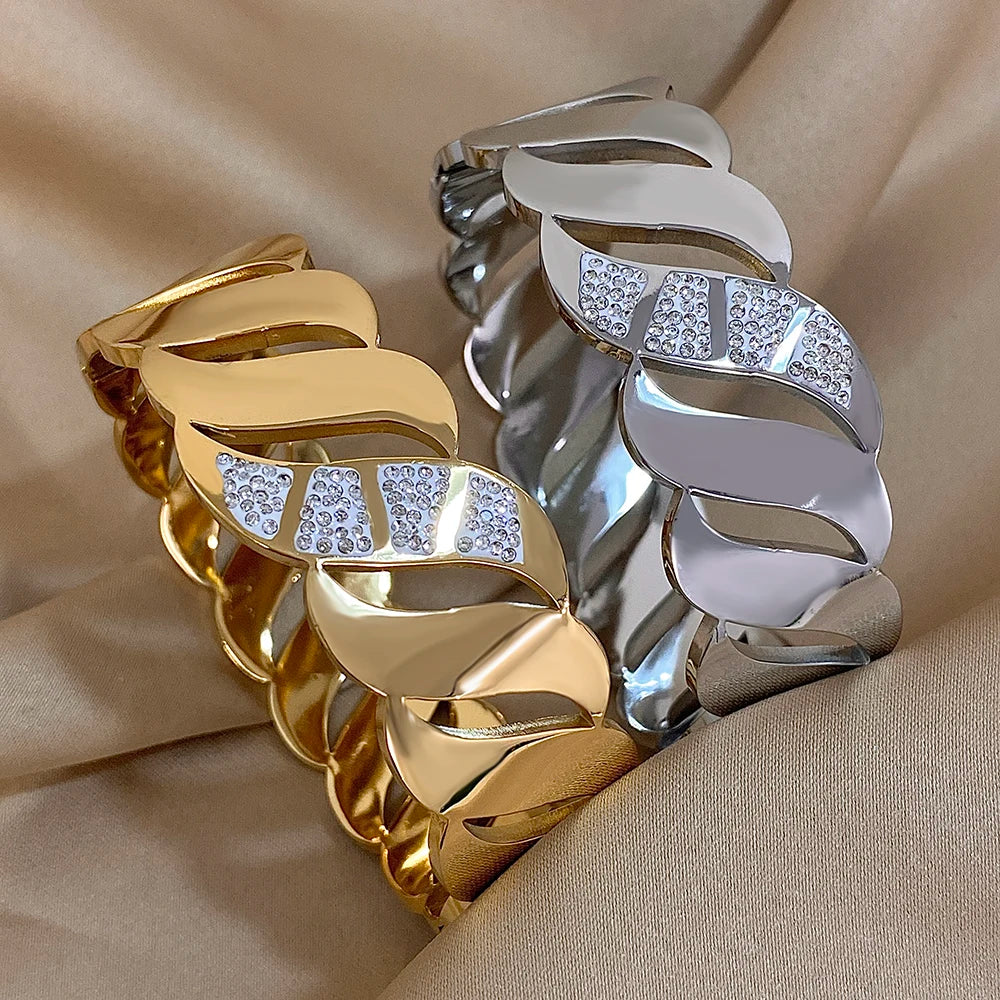 Chunky Inlaid Rhinestone Geometric Wave Wide Cuff Bangle Bracelet for Women Fashion Stainless Steel Gold Silver Color Bracelets