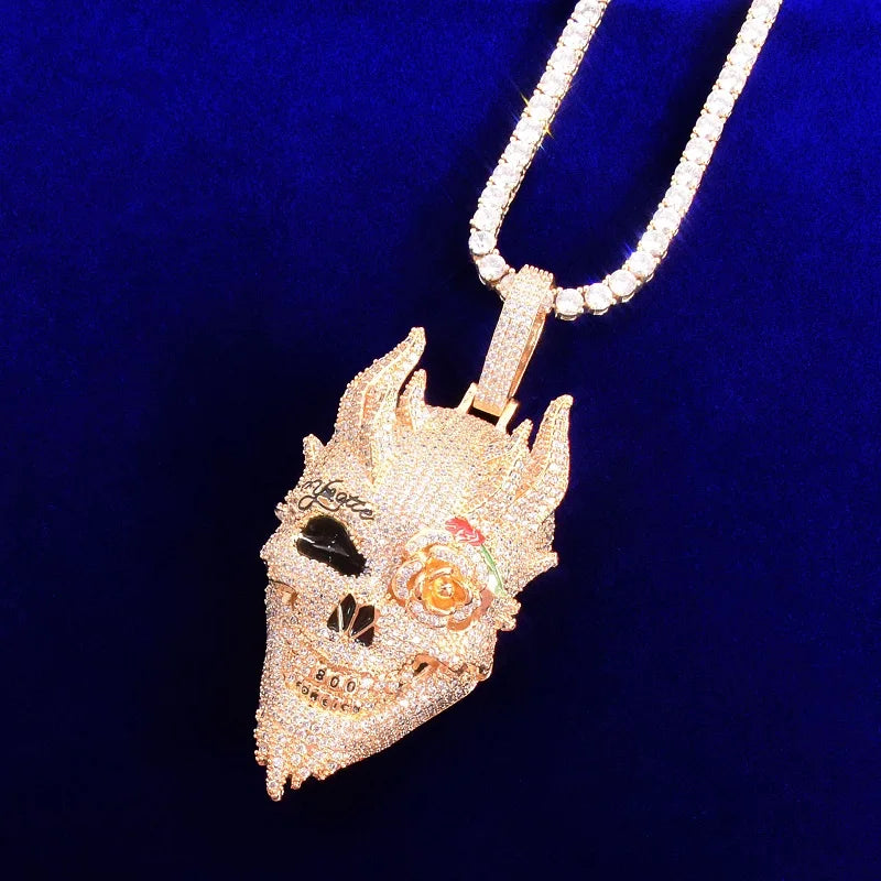 Bubble Letter Skull Men's Pendant Cubic Zircon Gold Color Plated Hip Hop Necklace Rock Jewelry