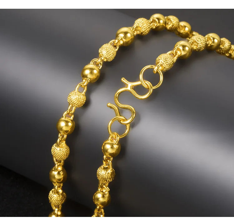 Genuine 18k Gold Color Necklace For men Solid round pearlChain Clavicle Chain Necklace 60cm Single Chain Fine Jewelry
