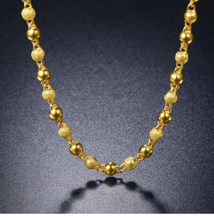 Genuine 18k Gold Color Necklace For men Solid round pearlChain Clavicle Chain Necklace 60cm Single Chain Fine Jewelry