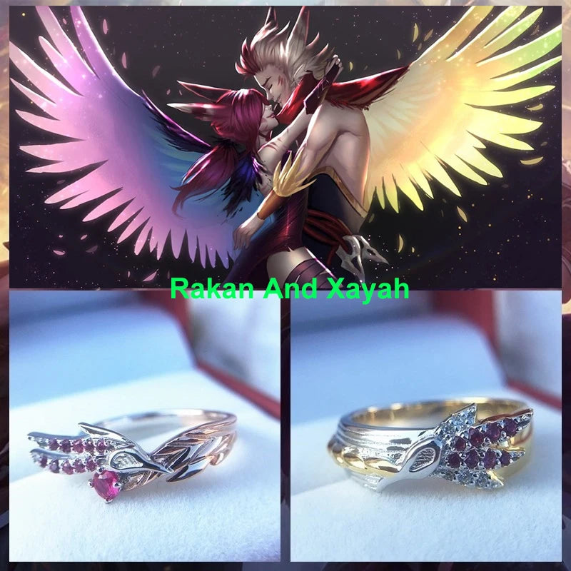 Game LoL Rakan And Xayah Couple Rings Sliver S925 Jewelry Gifts For Women Men Girlfriend Boyfriend Lovers
