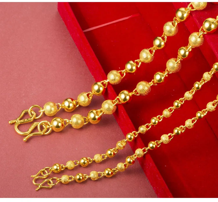 Genuine 18k Gold Color Necklace For men Solid round pearlChain Clavicle Chain Necklace 60cm Single Chain Fine Jewelry