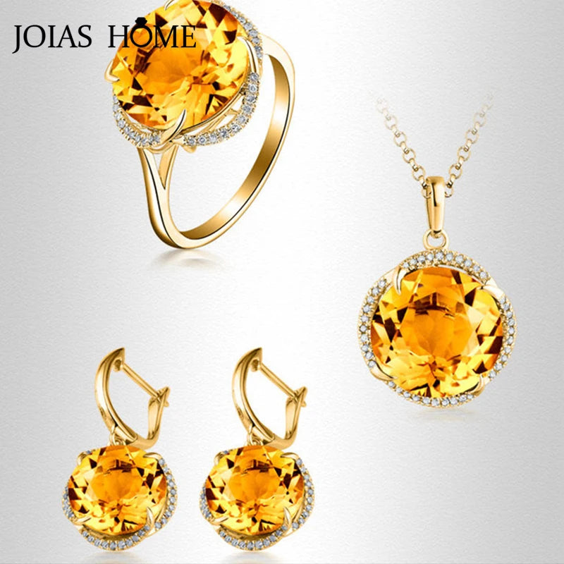 JoiasHome Charms Jewelry Sets for Women Fashion Yellow Crystal Ring Earrings Necklace Female Party Silver 925 Jewelry Wholesale