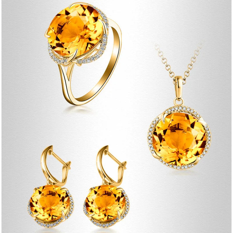 JoiasHome Charms Jewelry Sets for Women Fashion Yellow Crystal Ring Earrings Necklace Female Party Silver 925 Jewelry Wholesale