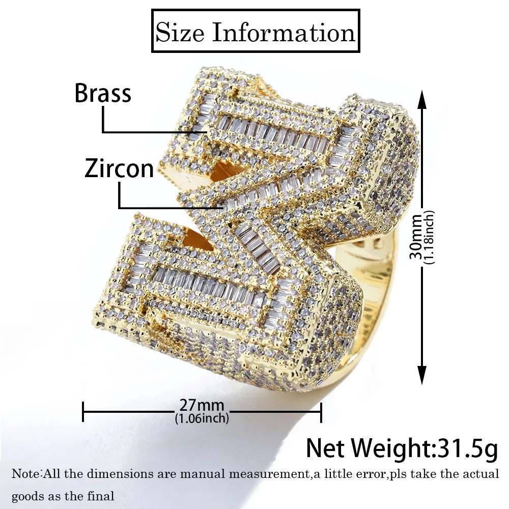 HHIOK Hip Hop Jewelry Luxury Iced Letter M Ring for Men and Women Full Pave Bling Brass Zircon Intital M Ring For Gift