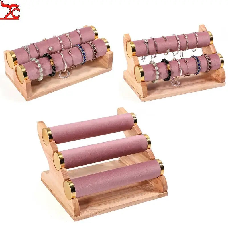 Solid Wood Pink Velvet Jewelry Exhibitor Stand Ring Earrings Storage Stand Bracelet Watch Display Stand