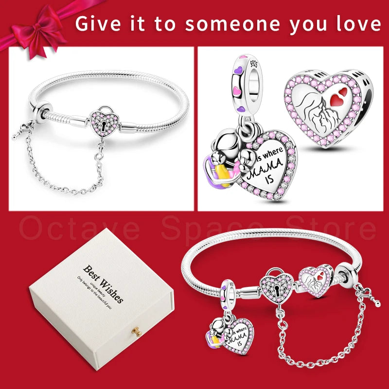 4pcs/lot Silver 925 Origina Heart Shape Mom Sister Lover Charm Set Hand of Fashion Bracelet With White Box Women Jewelry Gifts
