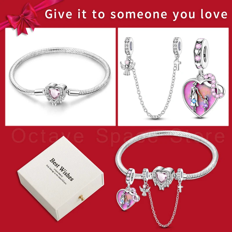4pcs/lot Silver 925 Origina Heart Shape Mom Sister Lover Charm Set Hand of Fashion Bracelet With White Box Women Jewelry Gifts