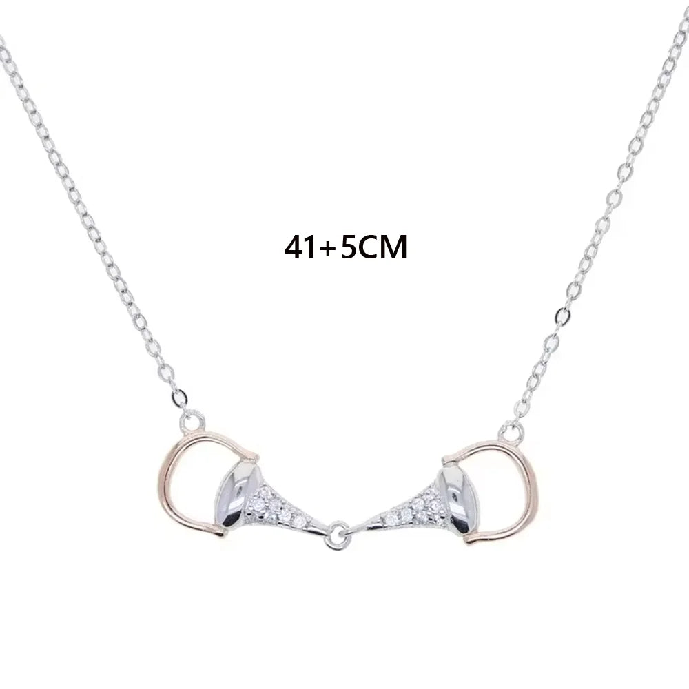 New Fashion 925 Silver Sterling Two tone Horseshoe Bit Horse Charm Pendant Necklace Pave CZ Link Chain Women Girl Gift Jewelry