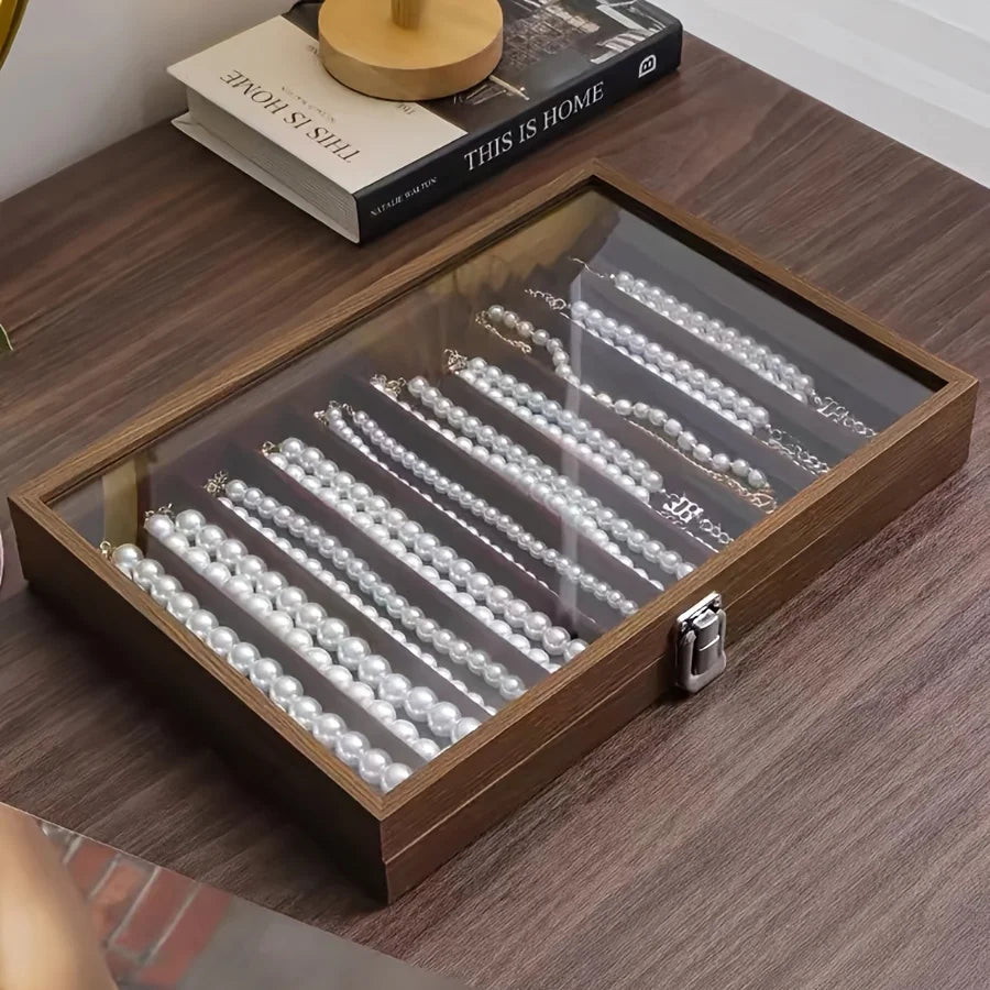 Put pearl necklace storage box with lid, glass dustproof long bracelet, bead jewelry, thick neck chain jewelry box, viewing tray