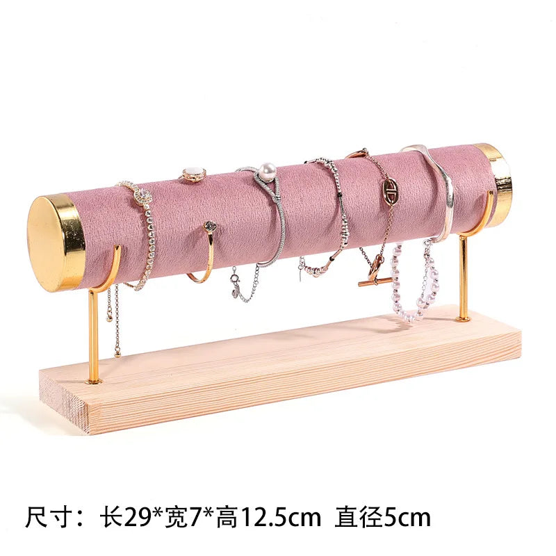 Solid Wood Pink Velvet Jewelry Exhibitor Stand Ring Earrings Storage Stand Bracelet Watch Display Stand