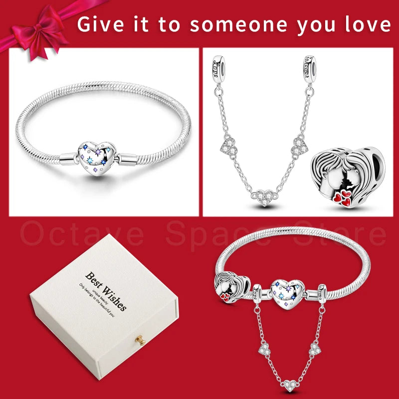 4pcs/lot Silver 925 Origina Heart Shape Mom Sister Lover Charm Set Hand of Fashion Bracelet With White Box Women Jewelry Gifts