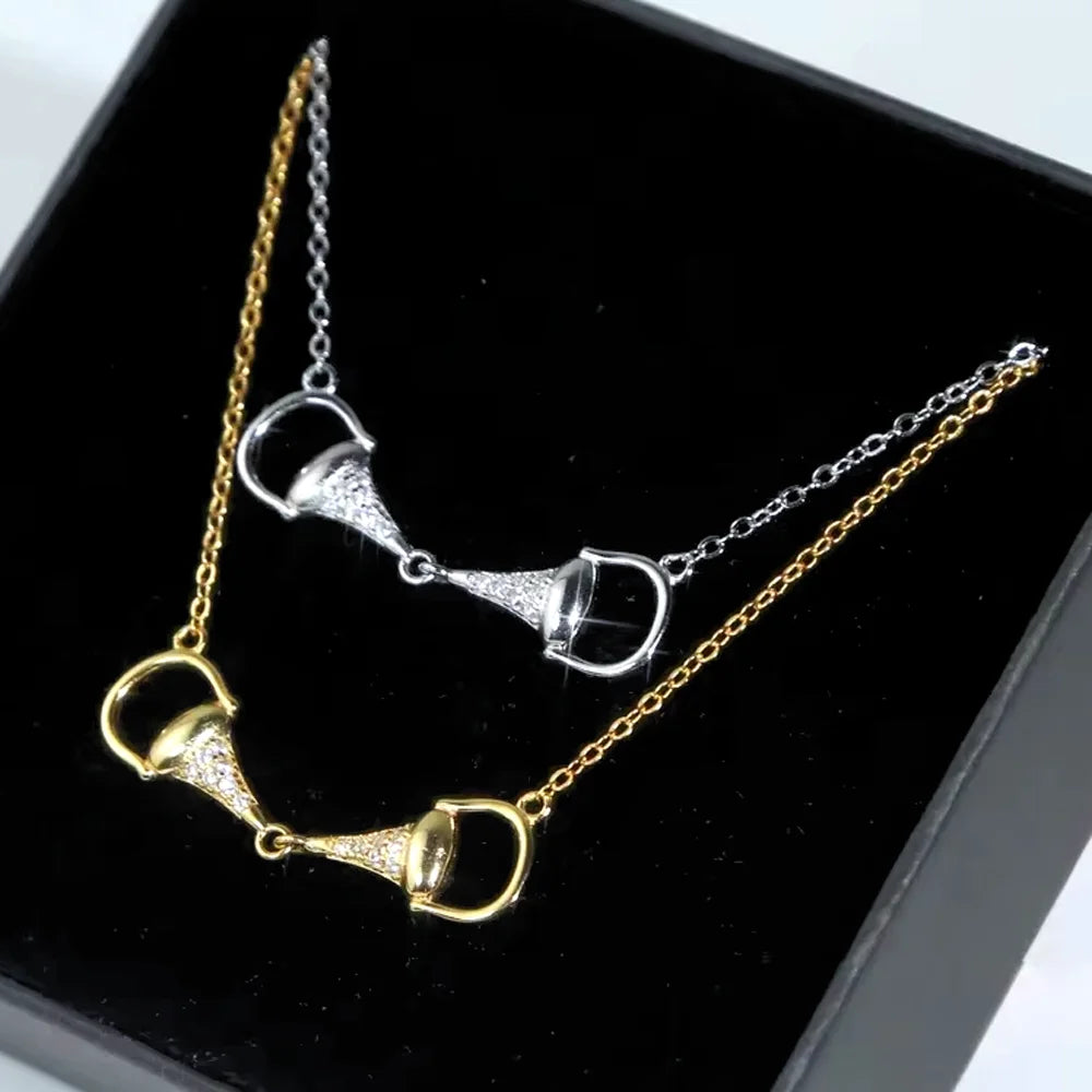 New Fashion 925 Silver Sterling Two tone Horseshoe Bit Horse Charm Pendant Necklace Pave CZ Link Chain Women Girl Gift Jewelry