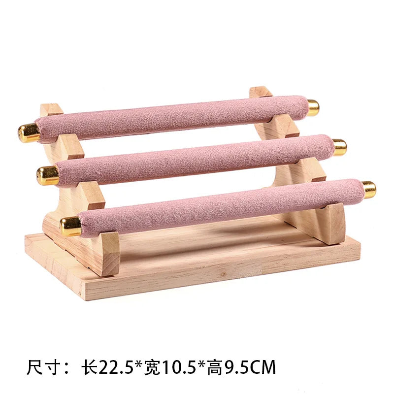 Solid Wood Pink Velvet Jewelry Exhibitor Stand Ring Earrings Storage Stand Bracelet Watch Display Stand