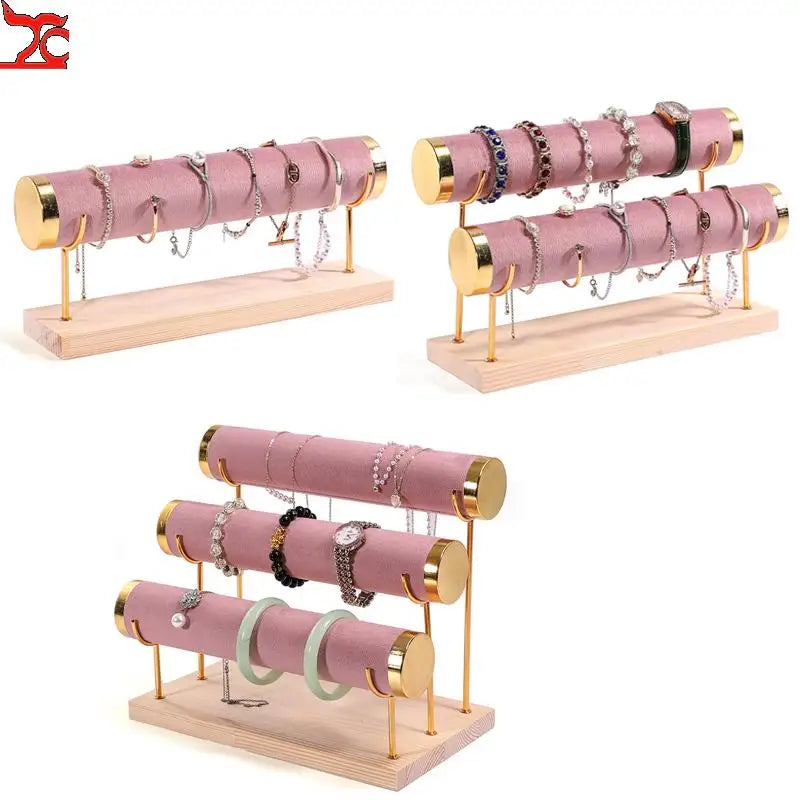Solid Wood Pink Velvet Jewelry Exhibitor Stand Ring Earrings Storage Stand Bracelet Watch Display Stand