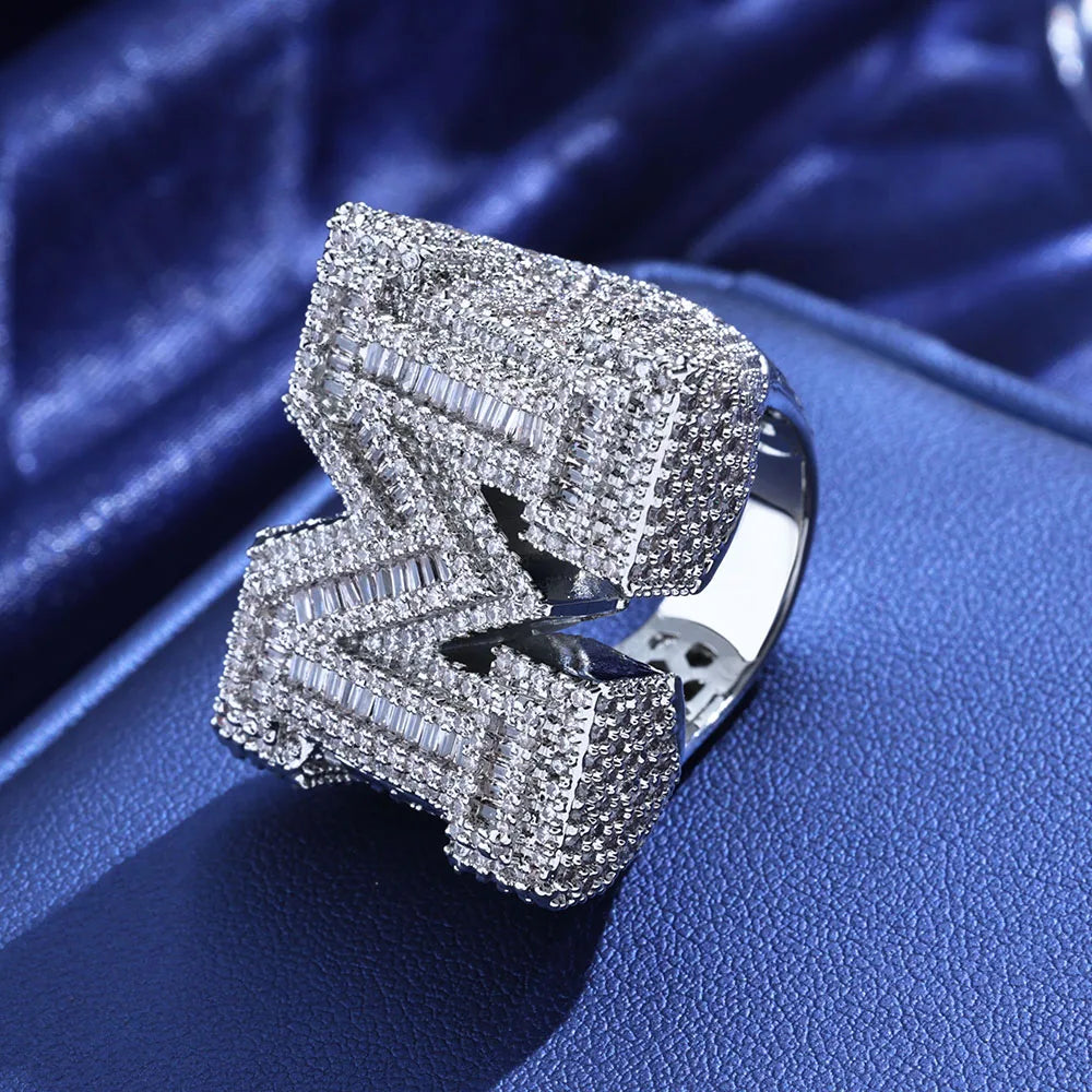 HHIOK Hip Hop Jewelry Luxury Iced Letter M Ring for Men and Women Full Pave Bling Brass Zircon Intital M Ring For Gift