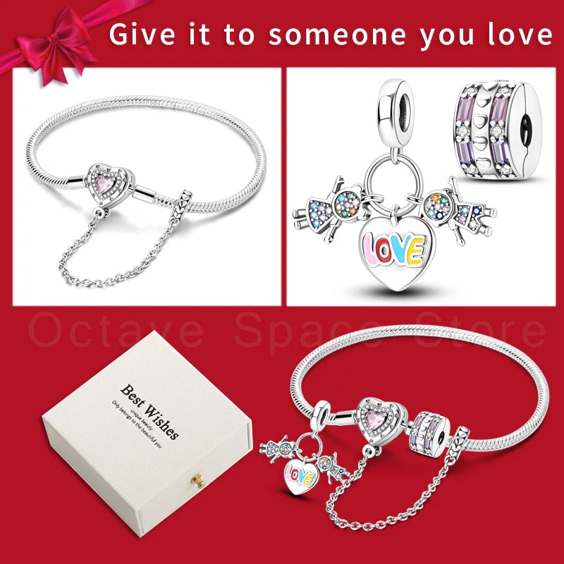 4pcs/lot Silver 925 Origina Heart Shape Mom Sister Lover Charm Set Hand of Fashion Bracelet With White Box Women Jewelry Gifts