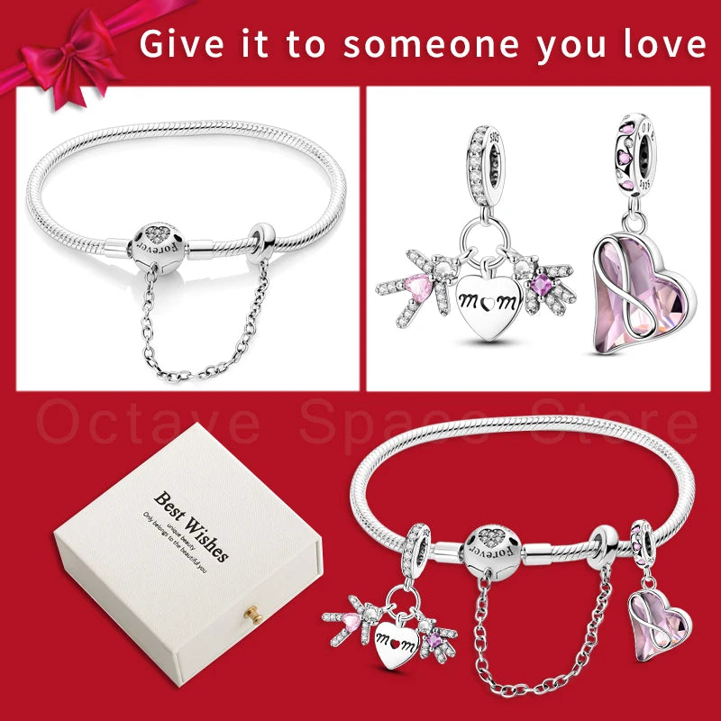 4pcs/lot Silver 925 Origina Heart Shape Mom Sister Lover Charm Set Hand of Fashion Bracelet With White Box Women Jewelry Gifts