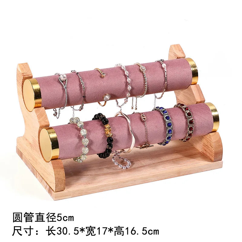 Solid Wood Pink Velvet Jewelry Exhibitor Stand Ring Earrings Storage Stand Bracelet Watch Display Stand