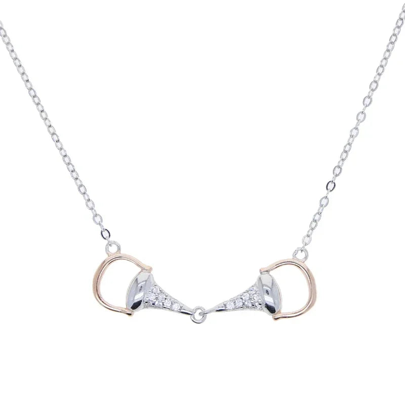 New Fashion 925 Silver Sterling Two tone Horseshoe Bit Horse Charm Pendant Necklace Pave CZ Link Chain Women Girl Gift Jewelry