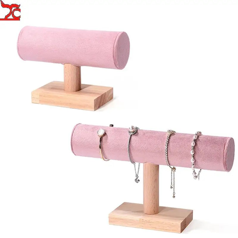 Solid Wood Pink Velvet Jewelry Exhibitor Stand Ring Earrings Storage Stand Bracelet Watch Display Stand