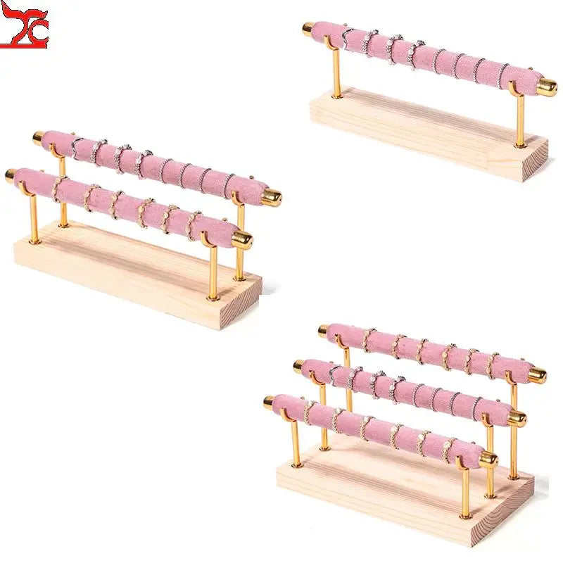 Solid Wood Pink Velvet Jewelry Exhibitor Stand Ring Earrings Storage Stand Bracelet Watch Display Stand
