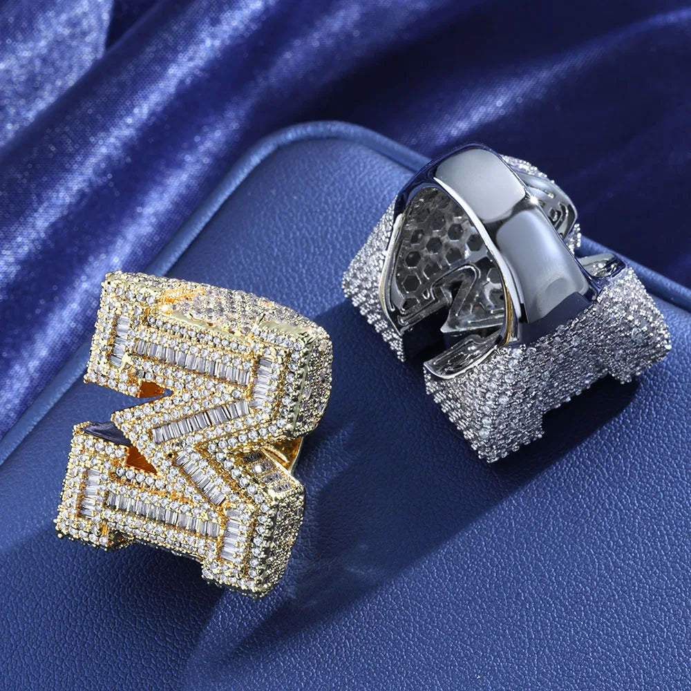 HHIOK Hip Hop Jewelry Luxury Iced Letter M Ring for Men and Women Full Pave Bling Brass Zircon Intital M Ring For Gift