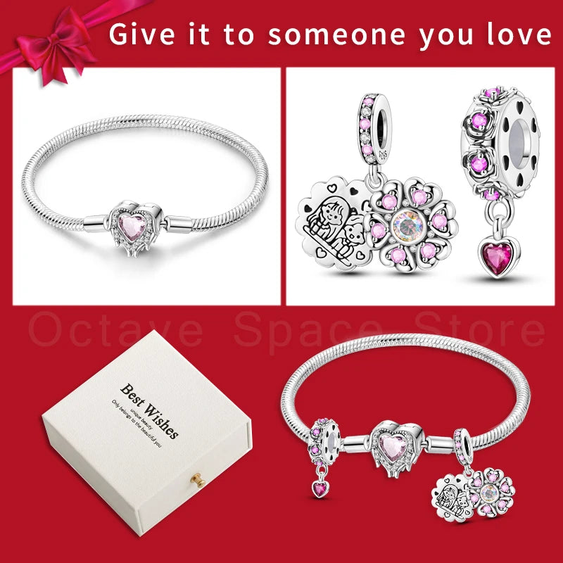 4pcs/lot Silver 925 Origina Heart Shape Mom Sister Lover Charm Set Hand of Fashion Bracelet With White Box Women Jewelry Gifts