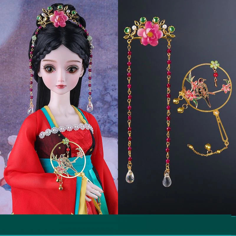 Dolls Jewelry Headgear Accessories for 1/3 BJD Ancient Hanfu Doll Traditional Bead Headdress Necklace Earring DIY Toys for Girl