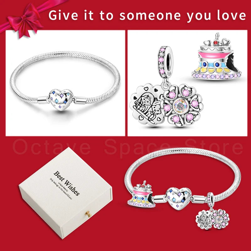 4pcs/lot Silver 925 Origina Heart Shape Mom Sister Lover Charm Set Hand of Fashion Bracelet With White Box Women Jewelry Gifts