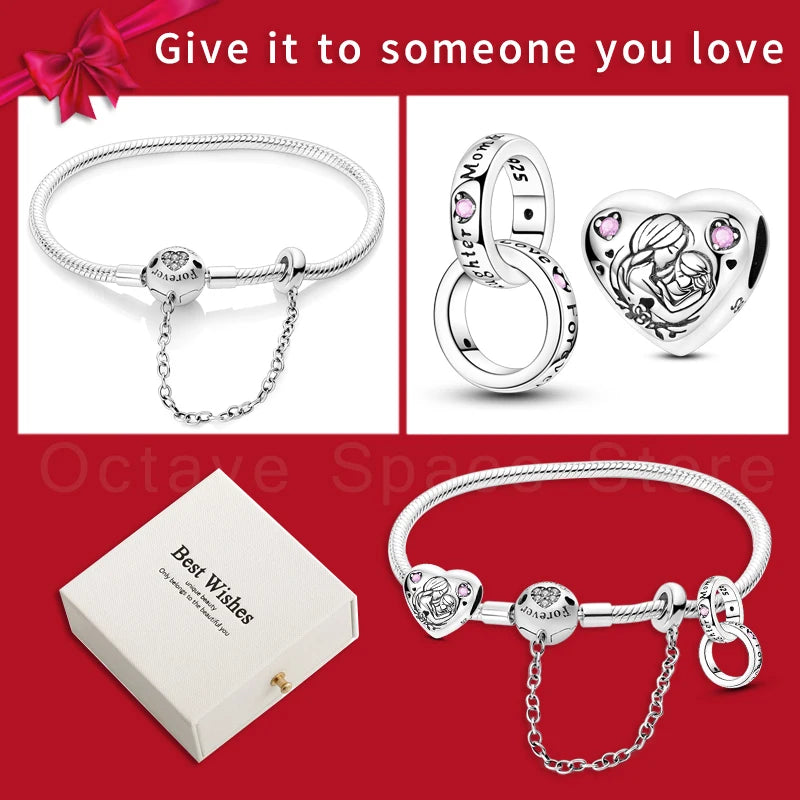 4pcs/lot Silver 925 Origina Heart Shape Mom Sister Lover Charm Set Hand of Fashion Bracelet With White Box Women Jewelry Gifts