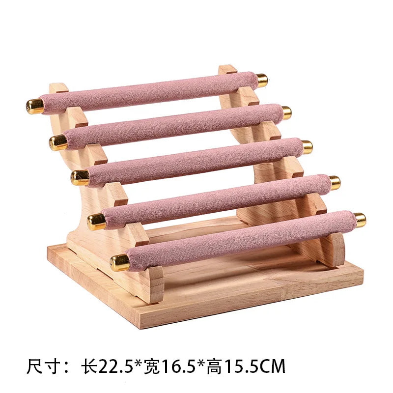Solid Wood Pink Velvet Jewelry Exhibitor Stand Ring Earrings Storage Stand Bracelet Watch Display Stand