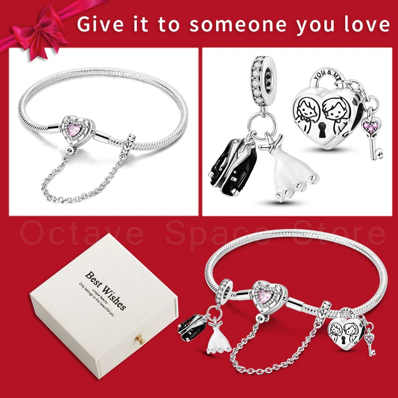 4pcs/lot Silver 925 Origina Heart Shape Mom Sister Lover Charm Set Hand of Fashion Bracelet With White Box Women Jewelry Gifts