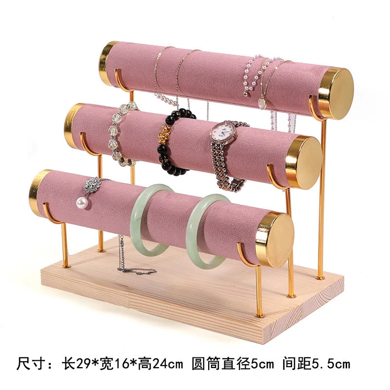 Solid Wood Pink Velvet Jewelry Exhibitor Stand Ring Earrings Storage Stand Bracelet Watch Display Stand