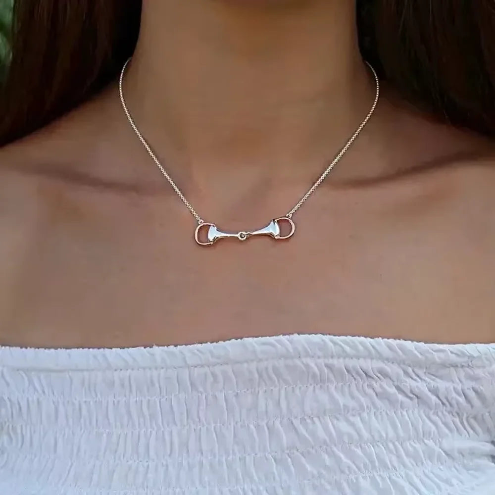 New Fashion 925 Silver Sterling Two tone Horseshoe Bit Horse Charm Pendant Necklace Pave CZ Link Chain Women Girl Gift Jewelry