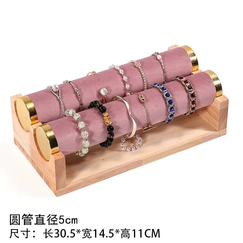 Solid Wood Pink Velvet Jewelry Exhibitor Stand Ring Earrings Storage Stand Bracelet Watch Display Stand