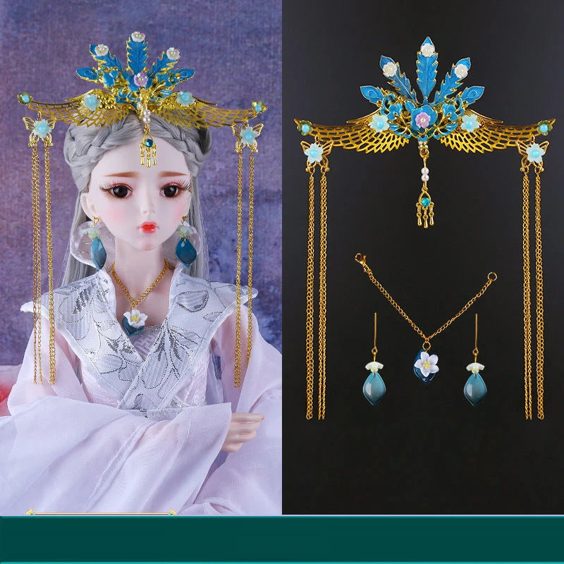 Dolls Jewelry Headgear Accessories for 1/3 BJD Ancient Hanfu Doll Traditional Bead Headdress Necklace Earring DIY Toys for Girl