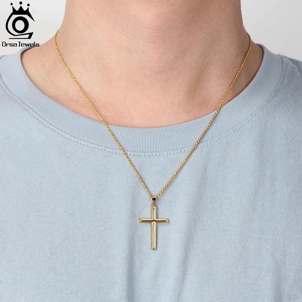 ORSA JEWELS Classic 14K Gold Cross Pendant Necklace for Men Women 925 Sterling Silver Necklace Christian Religious Jewelry NMN01