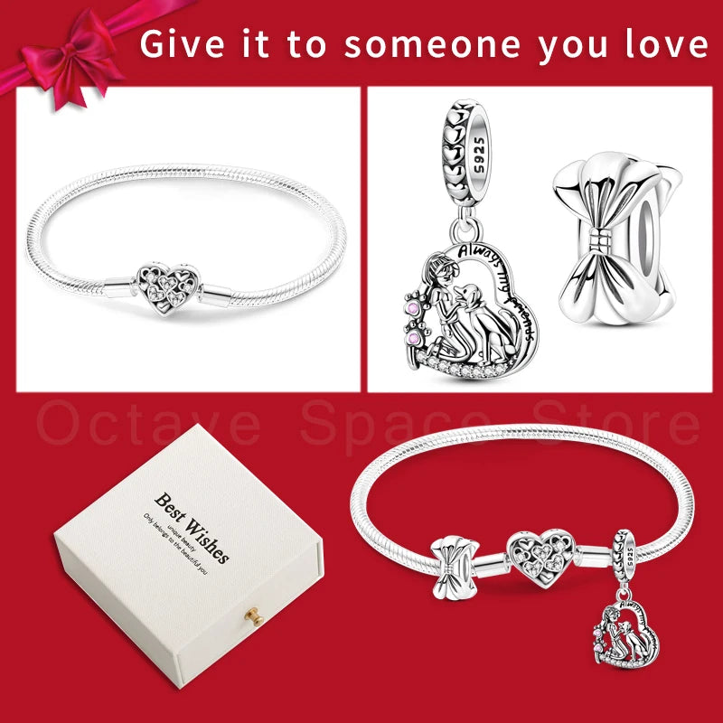 4pcs/lot Silver 925 Origina Heart Shape Mom Sister Lover Charm Set Hand of Fashion Bracelet With White Box Women Jewelry Gifts