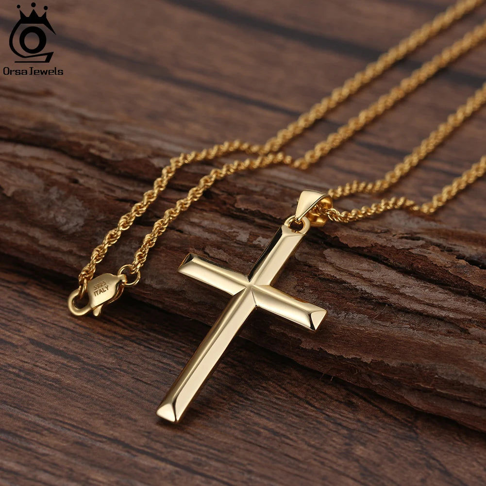 ORSA JEWELS Classic 14K Gold Cross Pendant Necklace for Men Women 925 Sterling Silver Necklace Christian Religious Jewelry NMN01