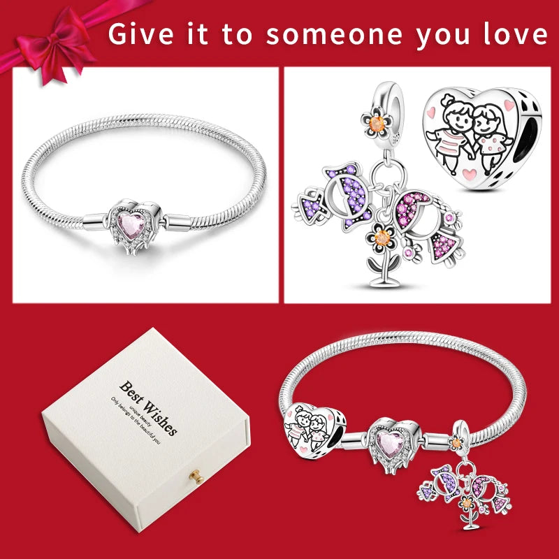 4pcs/lot Silver 925 Origina Heart Shape Mom Sister Lover Charm Set Hand of Fashion Bracelet With White Box Women Jewelry Gifts