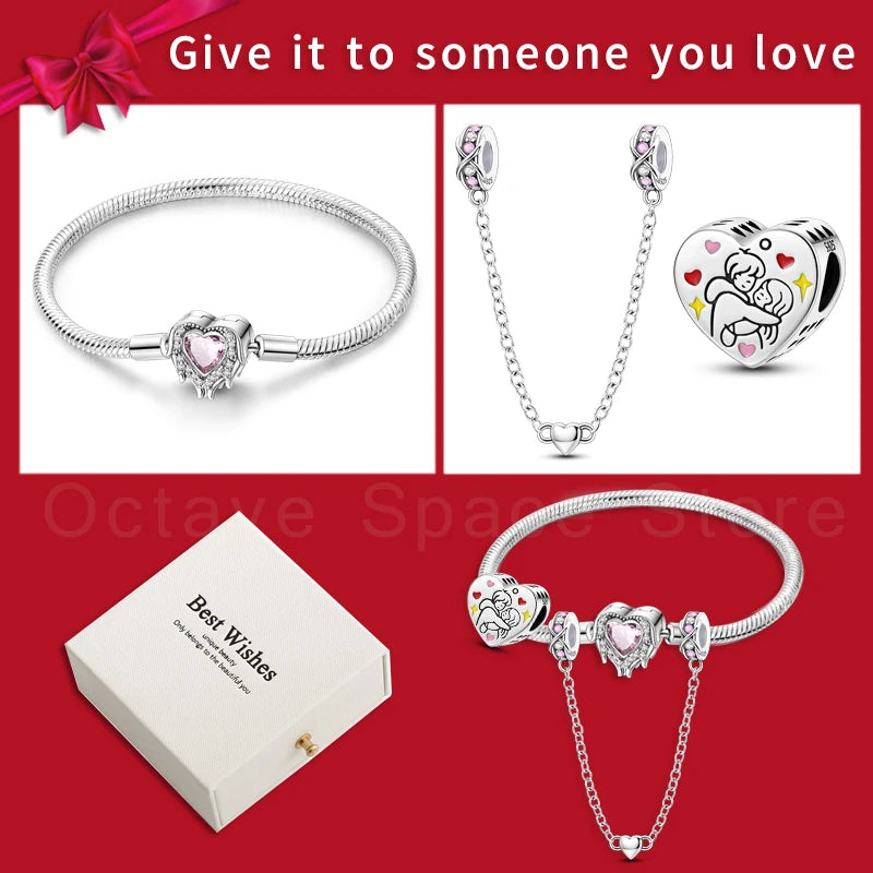 4pcs/lot Silver 925 Origina Heart Shape Mom Sister Lover Charm Set Hand of Fashion Bracelet With White Box Women Jewelry Gifts