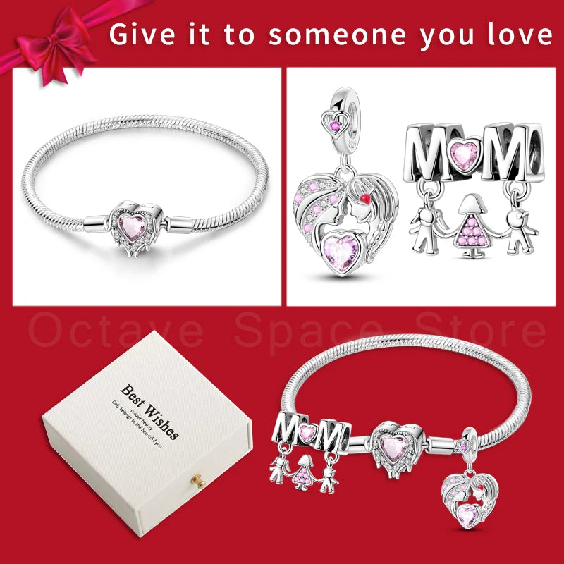 4pcs/lot Silver 925 Origina Heart Shape Mom Sister Lover Charm Set Hand of Fashion Bracelet With White Box Women Jewelry Gifts