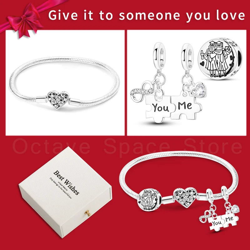 4pcs/lot Silver 925 Origina Heart Shape Mom Sister Lover Charm Set Hand of Fashion Bracelet With White Box Women Jewelry Gifts