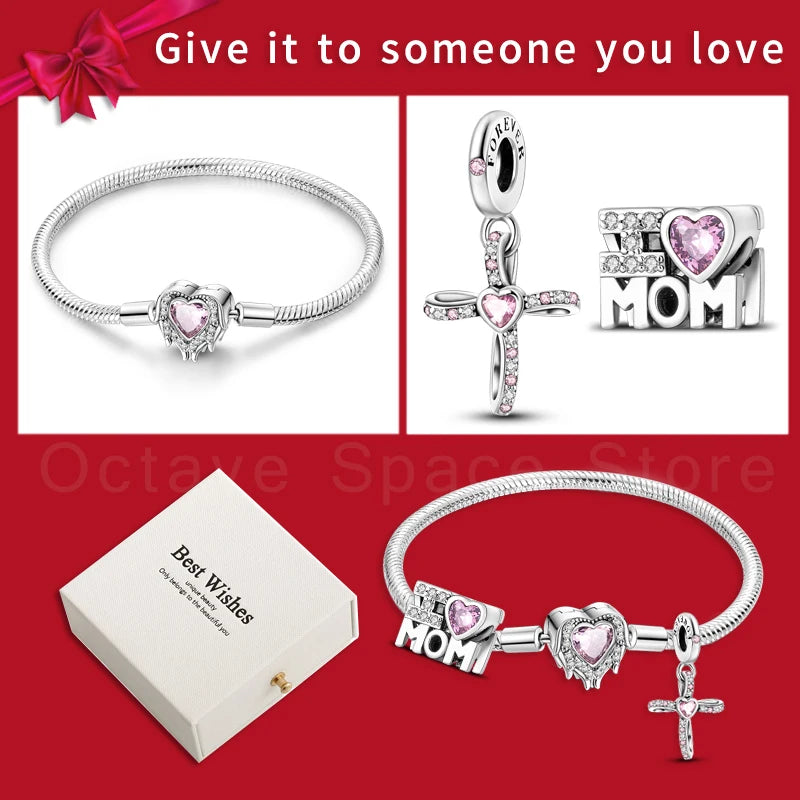 4pcs/lot Silver 925 Origina Heart Shape Mom Sister Lover Charm Set Hand of Fashion Bracelet With White Box Women Jewelry Gifts